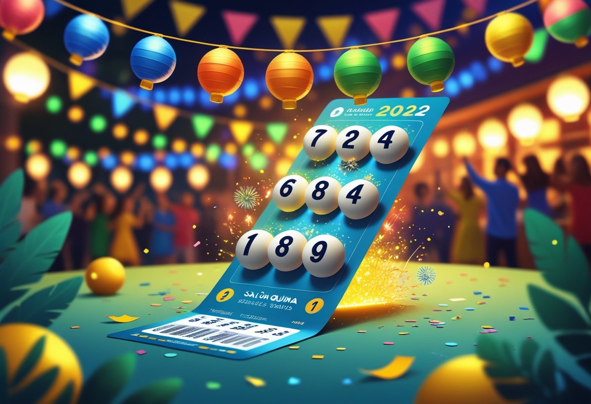 Cena festiva com lanternas coloridas e um bilhete de loteria brilhando, transmitindo a emoção dos resultados da Quina de São João 2022.