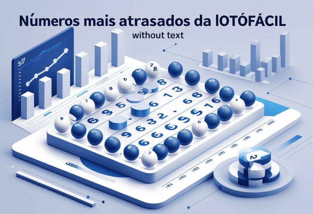 Ilustração de um quadro de loteria com bolas numeradas, algumas apagadas para mostrar os números mais atrasados da Lotofácil, com elementos gráficos de análise ao redor.