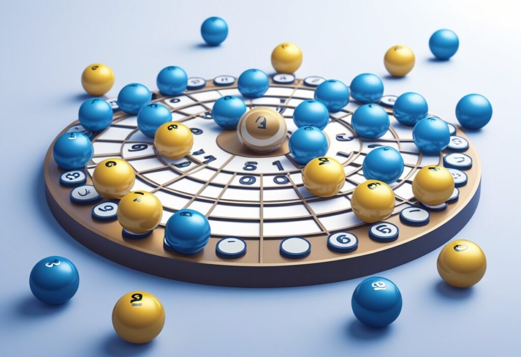 Quadro com bolas numeradas de loteria, algumas destacadas de forma mais apagada para mostrar os números mais atrasados da Lotomania.