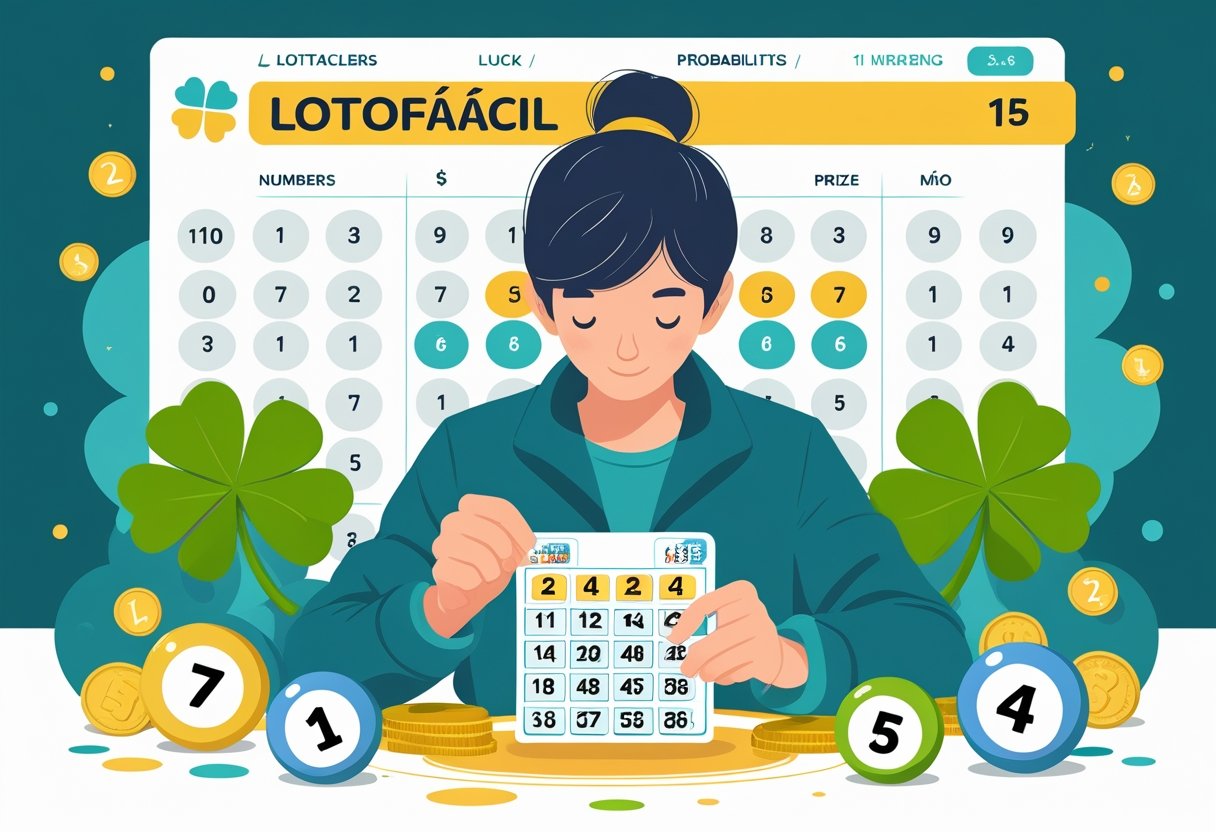 Pessoa analisando um bilhete de loteria cercada por símbolos de sorte e números, com elementos que representam prêmios e chances de ganhar.