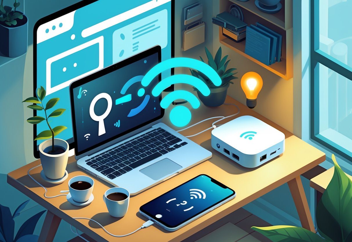 Uma mesa de escritório com um laptop, smartphone e roteador de Wi-Fi, mostrando um ambiente de trabalho focado em tecnologia e conectividade.