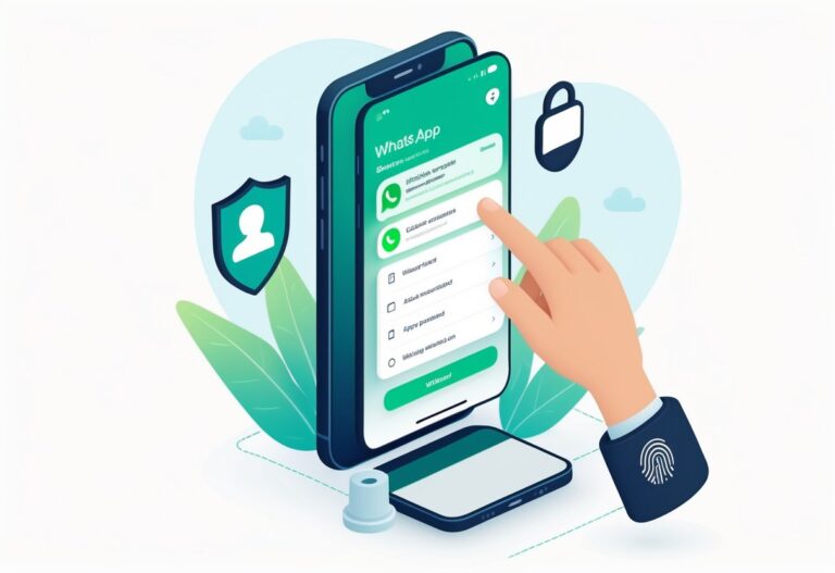 Ilustração mostrando um smartphone com a interface do WhatsApp aberta, onde uma mão está configurando uma senha para proteger o aplicativo, com ícones de segurança ao redor.