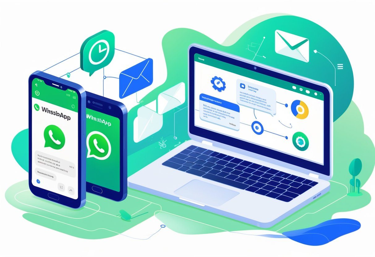 Ambiente de trabalho digital com smartphone e laptop mostrando configurações de automação de mensagens no WhatsApp.