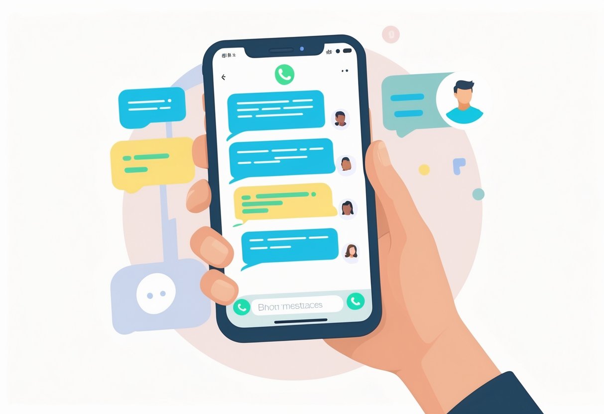 Pessoa segurando um celular mostrando uma conversa de aplicativo de mensagens sem sinais de mensagem entregue ou lida, sugerindo bloqueio.