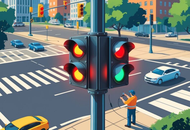 Semáforo com a luz vermelha piscando em um cruzamento da cidade, com carros parados e um técnico verificando o equipamento.