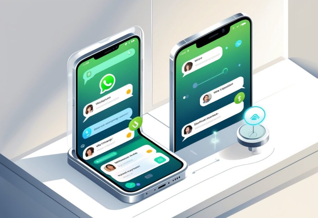 Dois celulares lado a lado mostrando a mesma conversa do WhatsApp, indicando espelhamento entre eles.