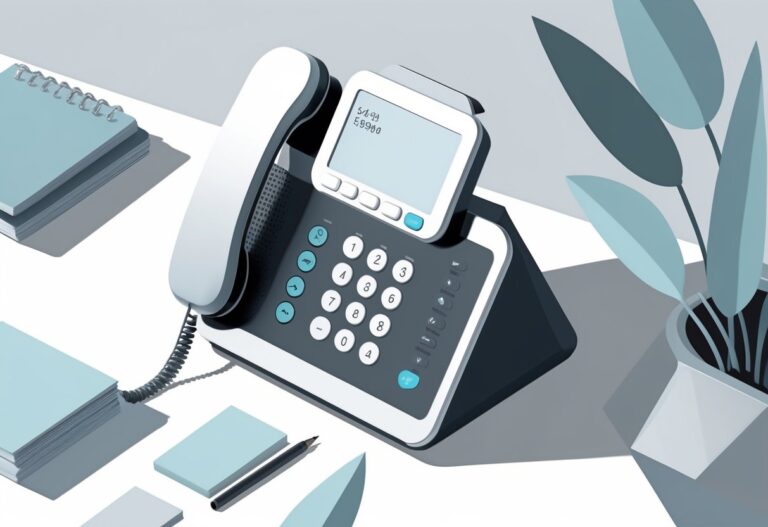 Telefone de mesa moderno em uma mesa de escritório com um bloco de notas, caneta e planta ao lado.