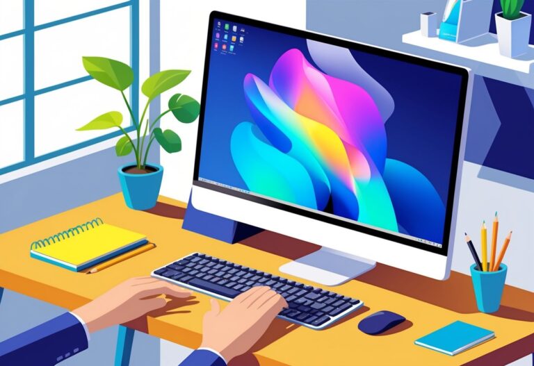 Mesa de escritório com computador e mão pressionando a tecla Print Screen no teclado.