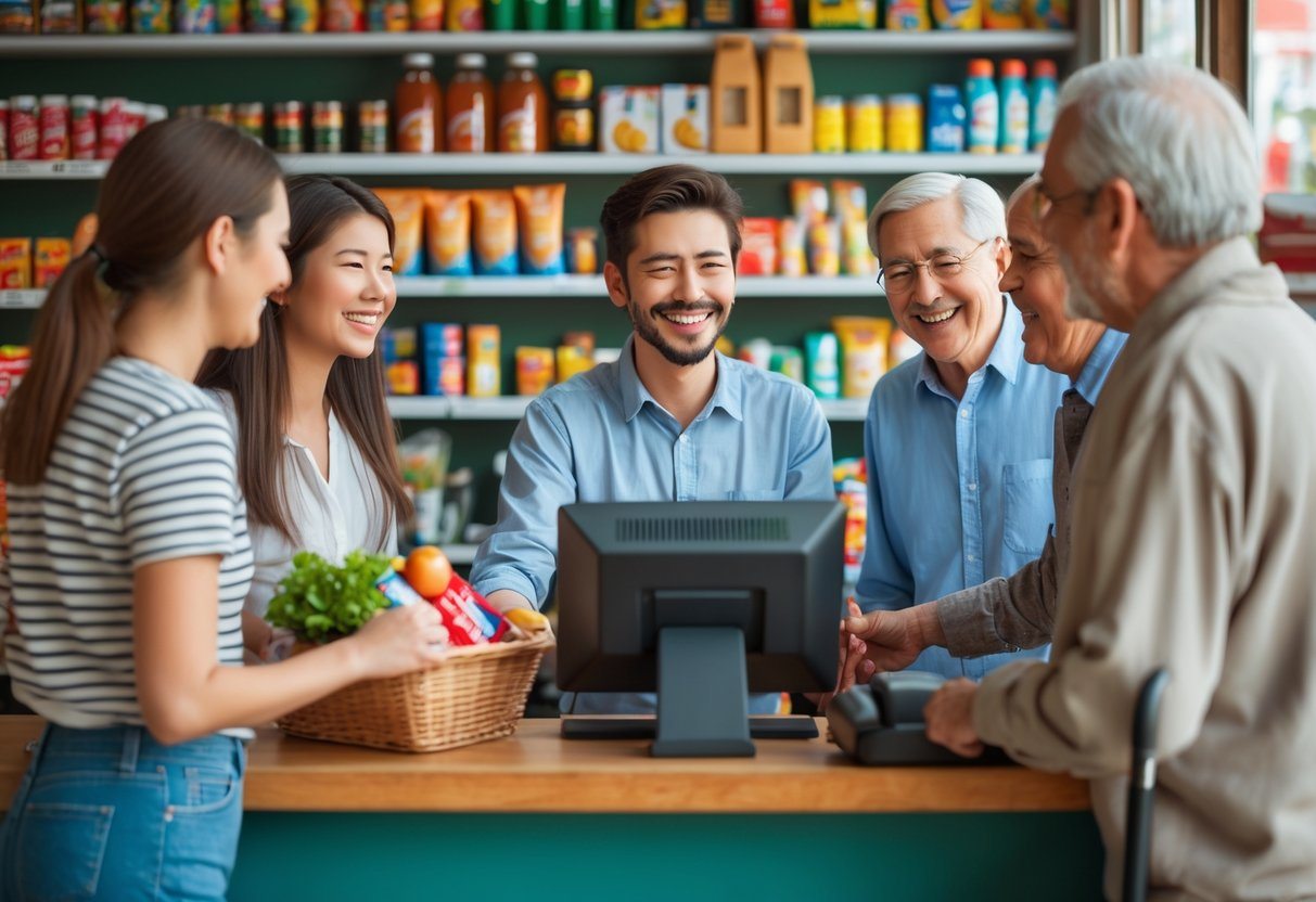 Loja de bairro com balconista sorridente atendendo clientes felizes em um ambiente organizado e acolhedor.