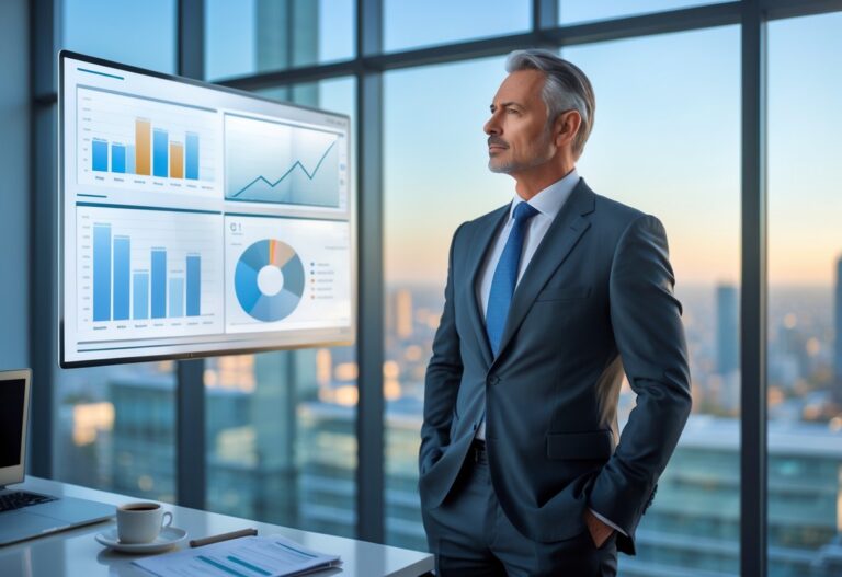 Homem de negócios em escritório moderno observando gráficos financeiros em uma tela transparente.