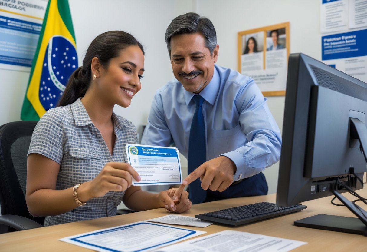 Mulher recebendo atendimento em um escritório de serviço social para solicitar um novo cartão do Bolsa Família.