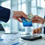 Mãos trocando um cartão de transporte público por dinheiro em um balcão de atendimento financeiro.