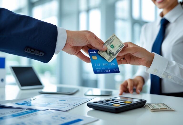 Mãos trocando um cartão de transporte público por dinheiro em um balcão de atendimento financeiro.