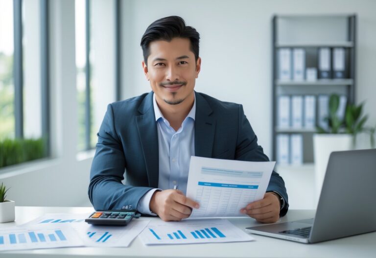Homem jovem sentado em uma mesa de escritório moderno, analisando documentos financeiros com uma calculadora e laptop ao lado.