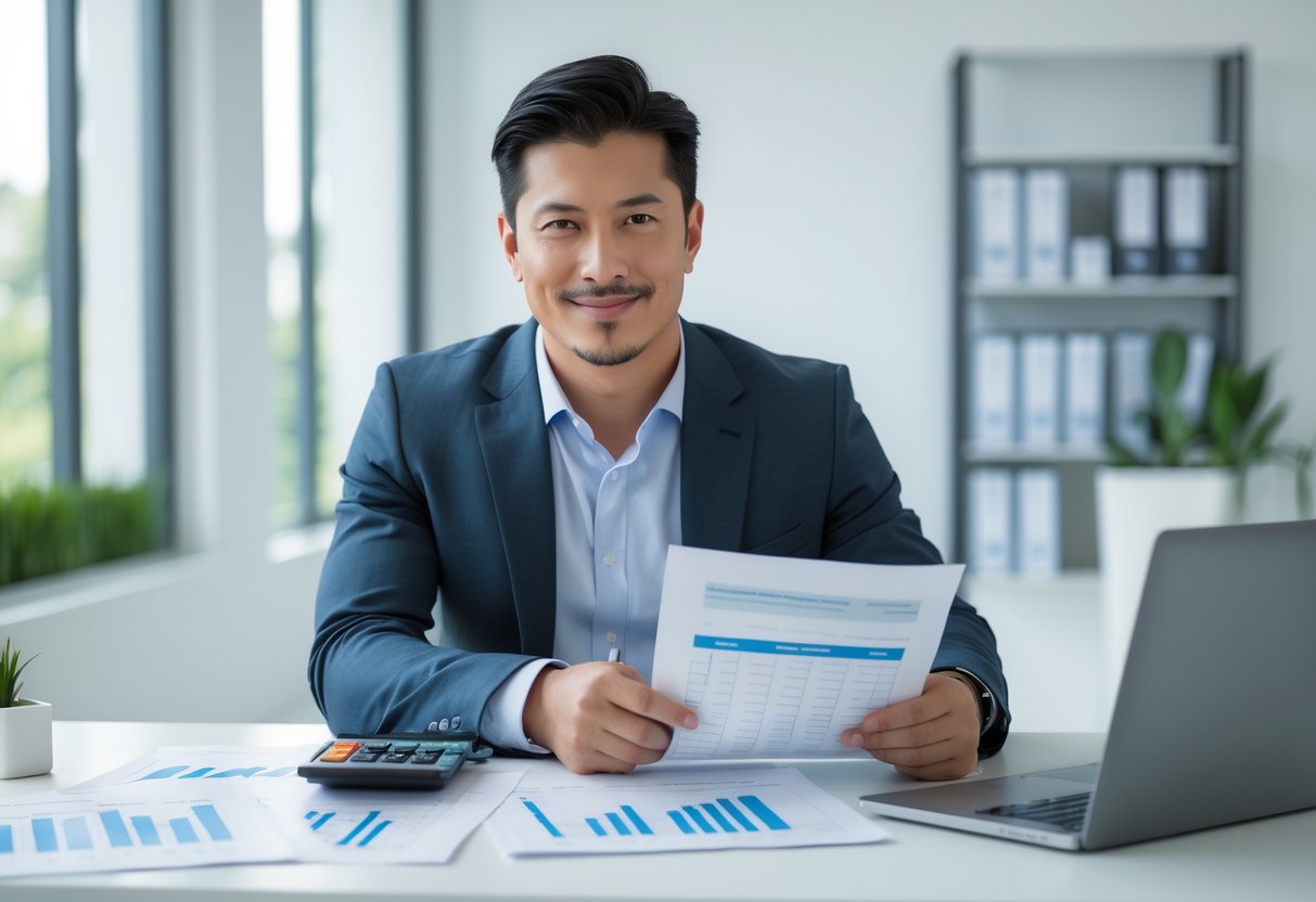Homem jovem sentado em uma mesa de escritório moderno, analisando documentos financeiros com uma calculadora e laptop ao lado.