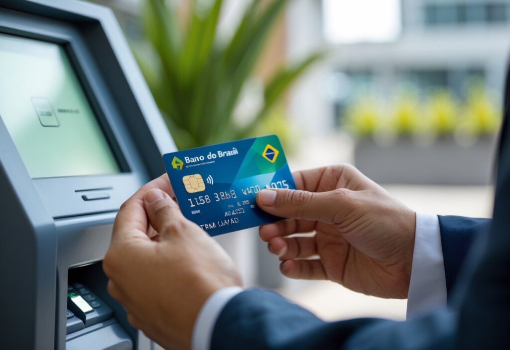 Pessoa segurando cartão do Banco do Brasil próxima a um caixa eletrônico, pronta para sacar dinheiro.
