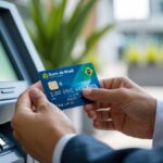 Pessoa segurando cartão do Banco do Brasil próxima a um caixa eletrônico, pronta para sacar dinheiro.