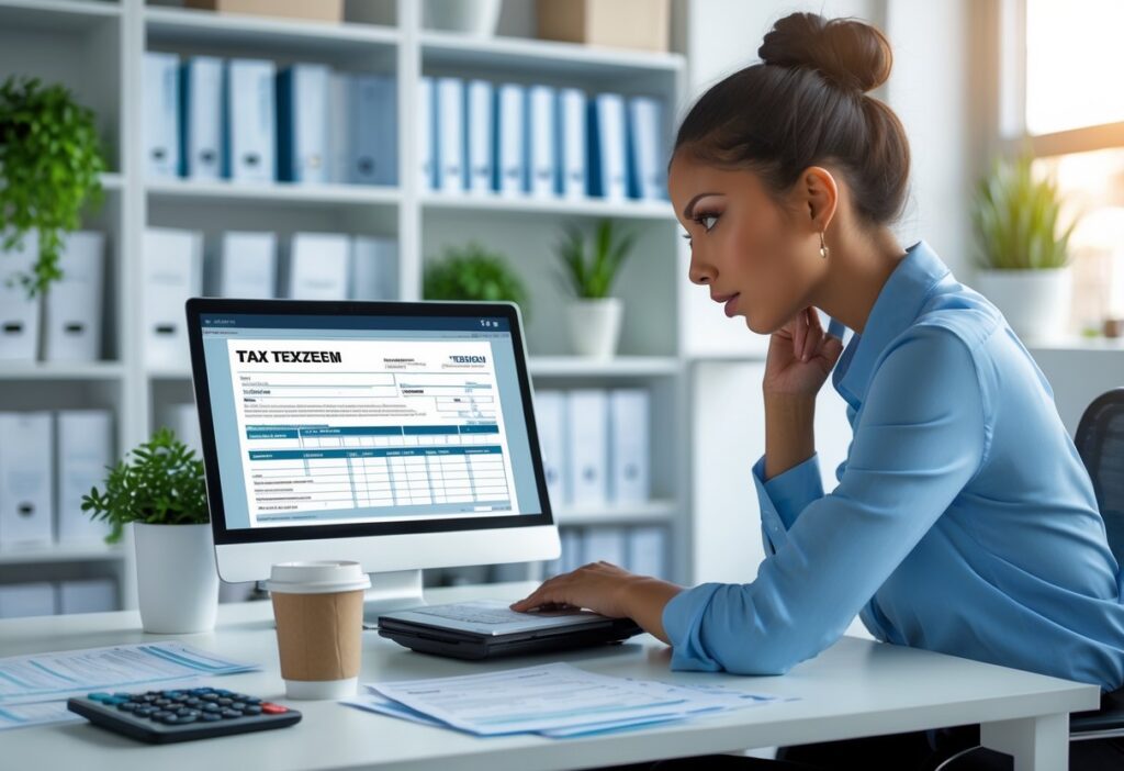 Pessoa preocupada revisando documentos financeiros e laptop em escritório moderno.