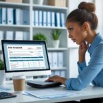 Pessoa preocupada revisando documentos financeiros e laptop em escritório moderno.