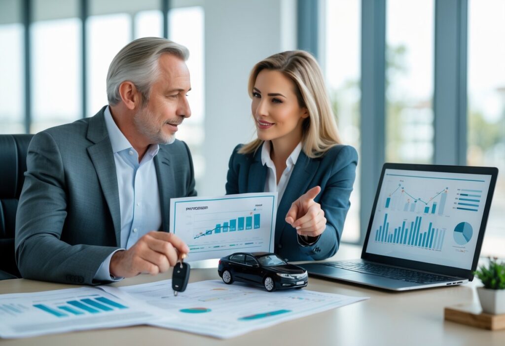 Um homem e uma mulher sentados em um escritório discutindo opções de refinanciamento de veículo com documentos e um laptop na mesa.
