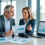 Um homem e uma mulher sentados em um escritório discutindo opções de refinanciamento de veículo com documentos e um laptop na mesa.