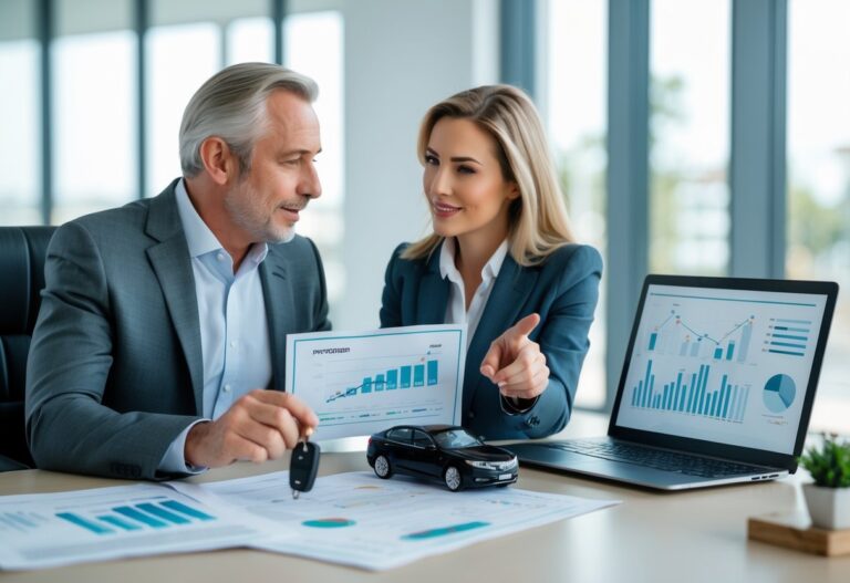 Um homem e uma mulher sentados em um escritório discutindo opções de refinanciamento de veículo com documentos e um laptop na mesa.