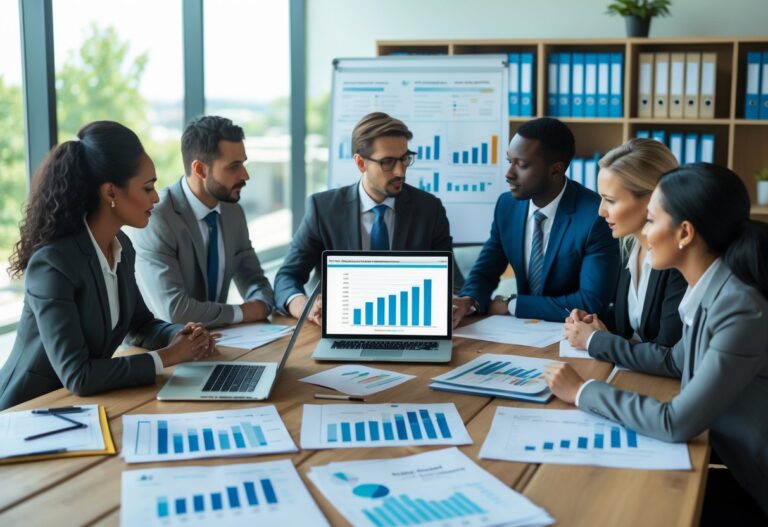 Grupo de profissionais em escritório moderno discutindo documentos financeiros e gráficos em uma mesa.