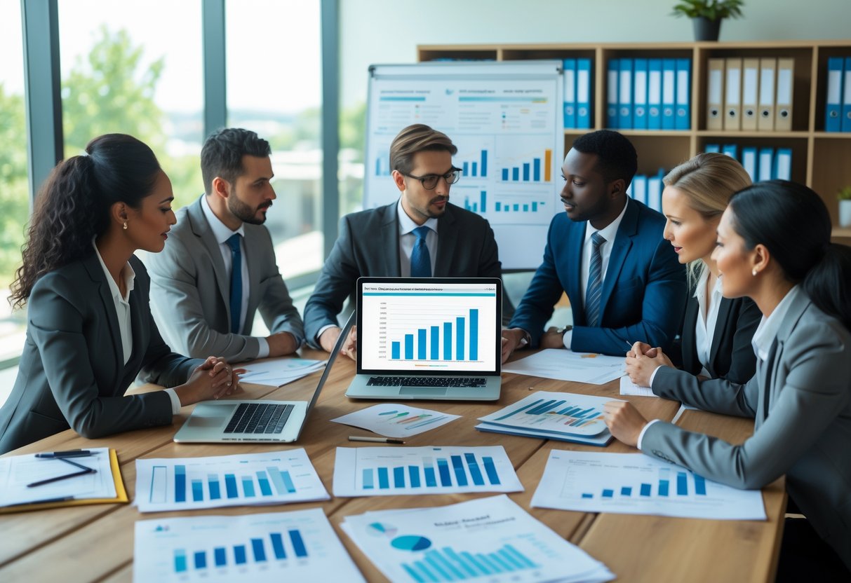 Grupo de profissionais em escritório moderno discutindo documentos financeiros e gráficos em uma mesa.
