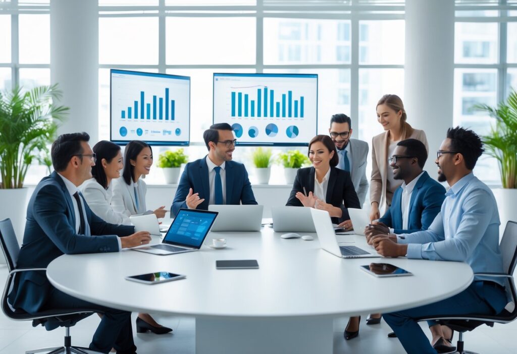 Equipe corporativa diversa reunida em uma sala de reunião moderna, colaborando em uma mesa com dispositivos eletrônicos.