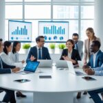 Equipe corporativa diversa reunida em uma sala de reunião moderna, colaborando em uma mesa com dispositivos eletrônicos.