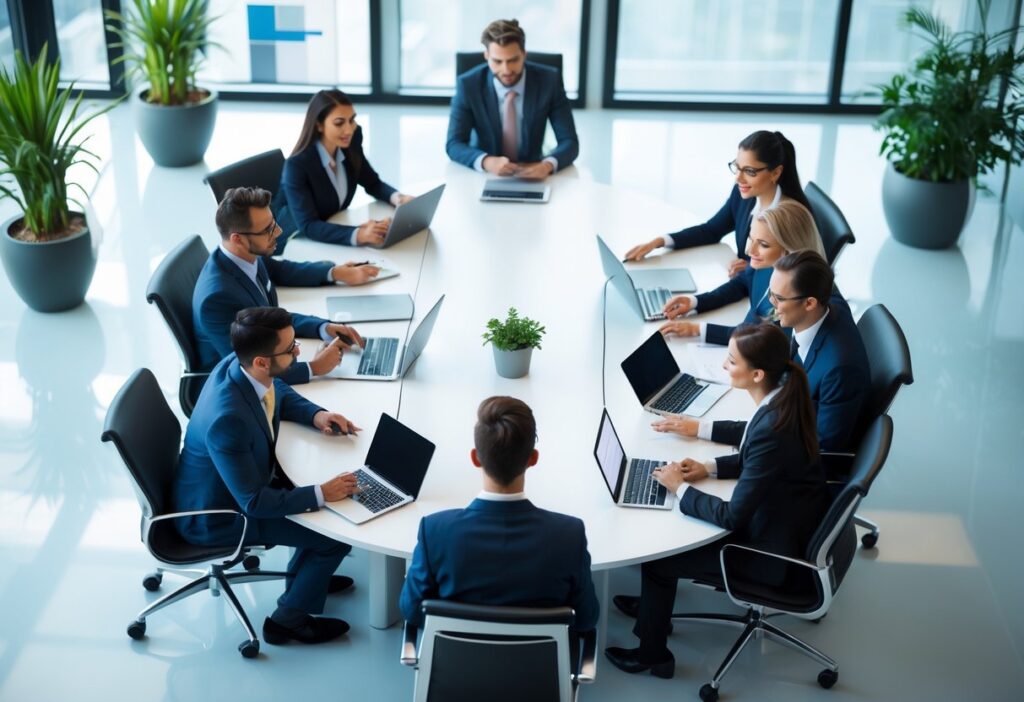 Grupo de profissionais em reunião colaborativa em um escritório moderno e iluminado.