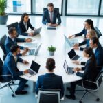 Grupo de profissionais em reunião colaborativa em um escritório moderno e iluminado.