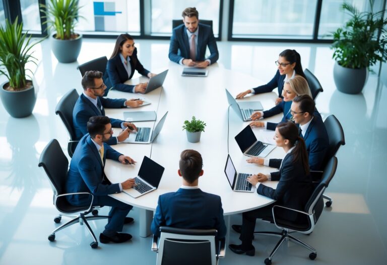 Grupo de profissionais em reunião colaborativa em um escritório moderno e iluminado.