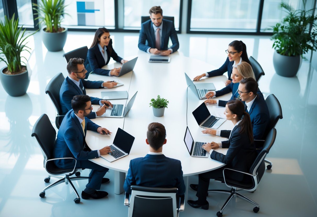 Grupo de profissionais em reunião colaborativa em um escritório moderno e iluminado.