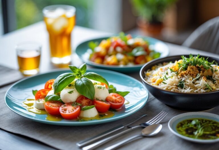 Prato com salada caprese e arroz biryani em uma mesa de madeira com copo de chá gelado ao lado.