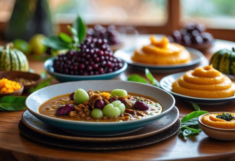 Mesa com pratos tradicionais brasileiros contendo jiló, jabuticaba e purê de jerimum.