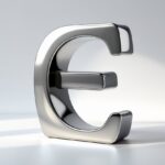 Objeto metálico em forma da letra E sobre fundo branco.