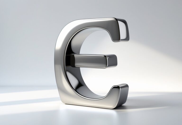 Objeto metálico em forma da letra E sobre fundo branco.