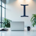 Ambiente de escritório moderno com mesa organizada, laptop, caderno, planta e decoração abstrata representando a letra 'i'.