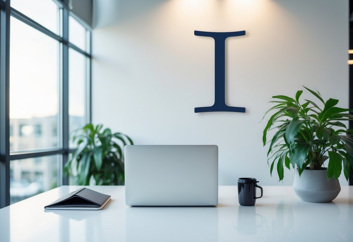 Ambiente de escritório moderno com mesa organizada, laptop, caderno, planta e decoração abstrata representando a letra 'i'.