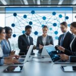 Profissionais de negócios colaborando em um escritório moderno com dispositivos digitais e uma tela mostrando uma rede de comunicação.