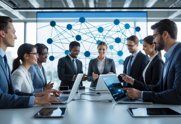 Profissionais de negócios colaborando em um escritório moderno com dispositivos digitais e uma tela mostrando uma rede de comunicação.