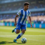 Jogador de futebol masculino correndo com a bola em um campo verde durante o dia.