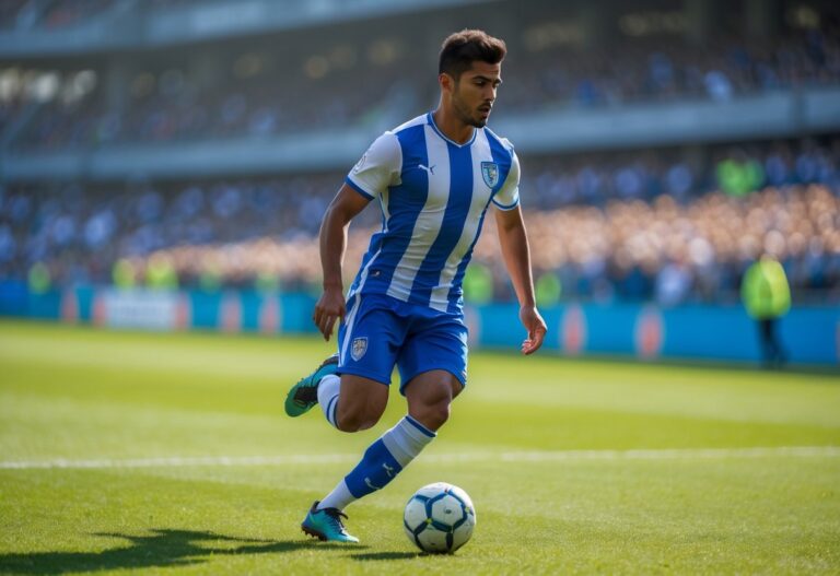 Jogador de futebol masculino correndo com a bola em um campo verde durante o dia.