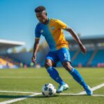 Jogador de futebol masculino driblando a bola em um campo gramado durante o dia.