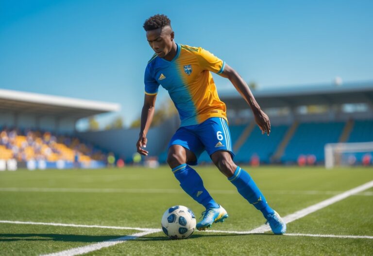 Jogador de futebol masculino driblando a bola em um campo gramado durante o dia.