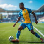 Jogador de futebol masculino correndo e controlando a bola em um campo verde sob céu azul.