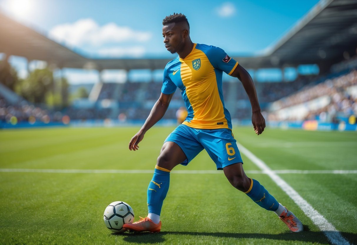 Jogador de futebol masculino correndo e controlando a bola em um campo verde sob céu azul.