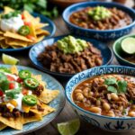 Mesa com pratos tradicionais mexicanos, incluindo nachos com queijo e guacamole e uma tigela de pozole com carne e hominy.