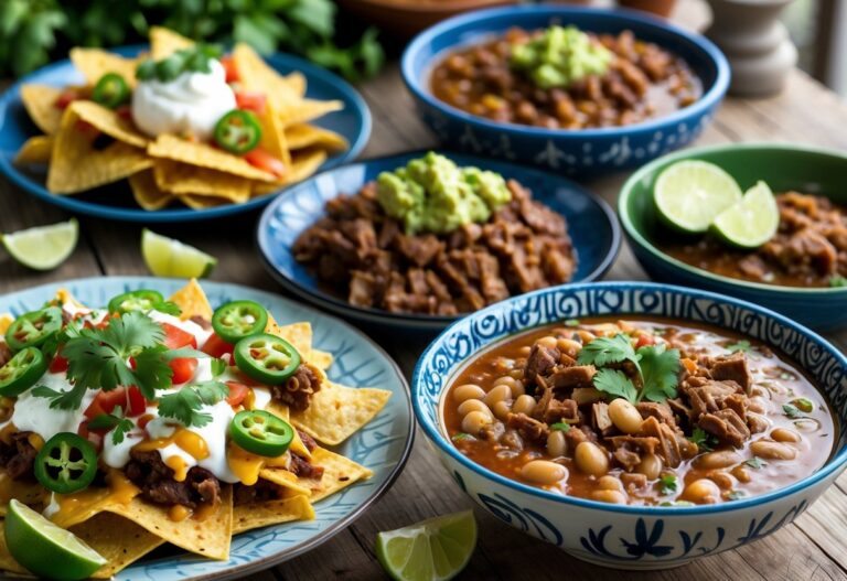 Mesa com pratos tradicionais mexicanos, incluindo nachos com queijo e guacamole e uma tigela de pozole com carne e hominy.